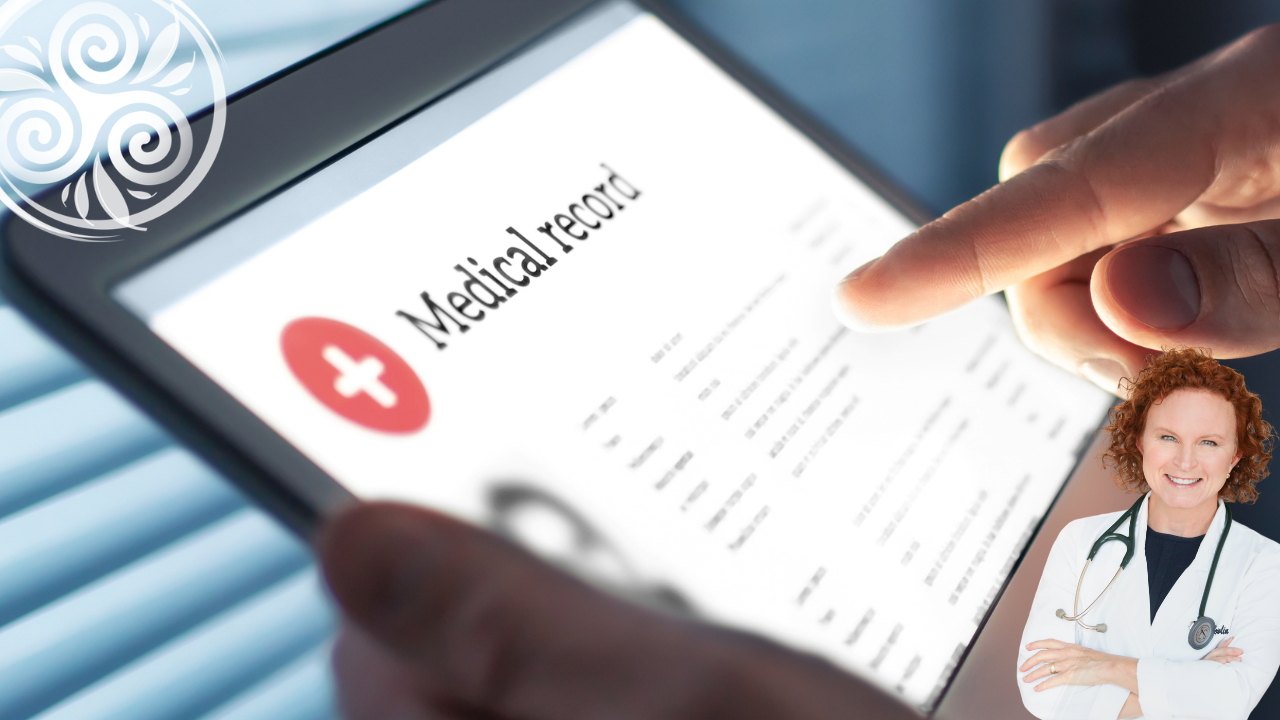 Dr. Julia Bowlin, MD reviewing a digital medical record on a tablet, representing the EMR charting burden physicians face