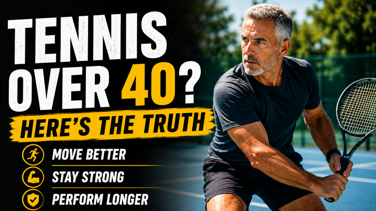 Tennis player over 40 performing strength and movement training to stay fit and injury free