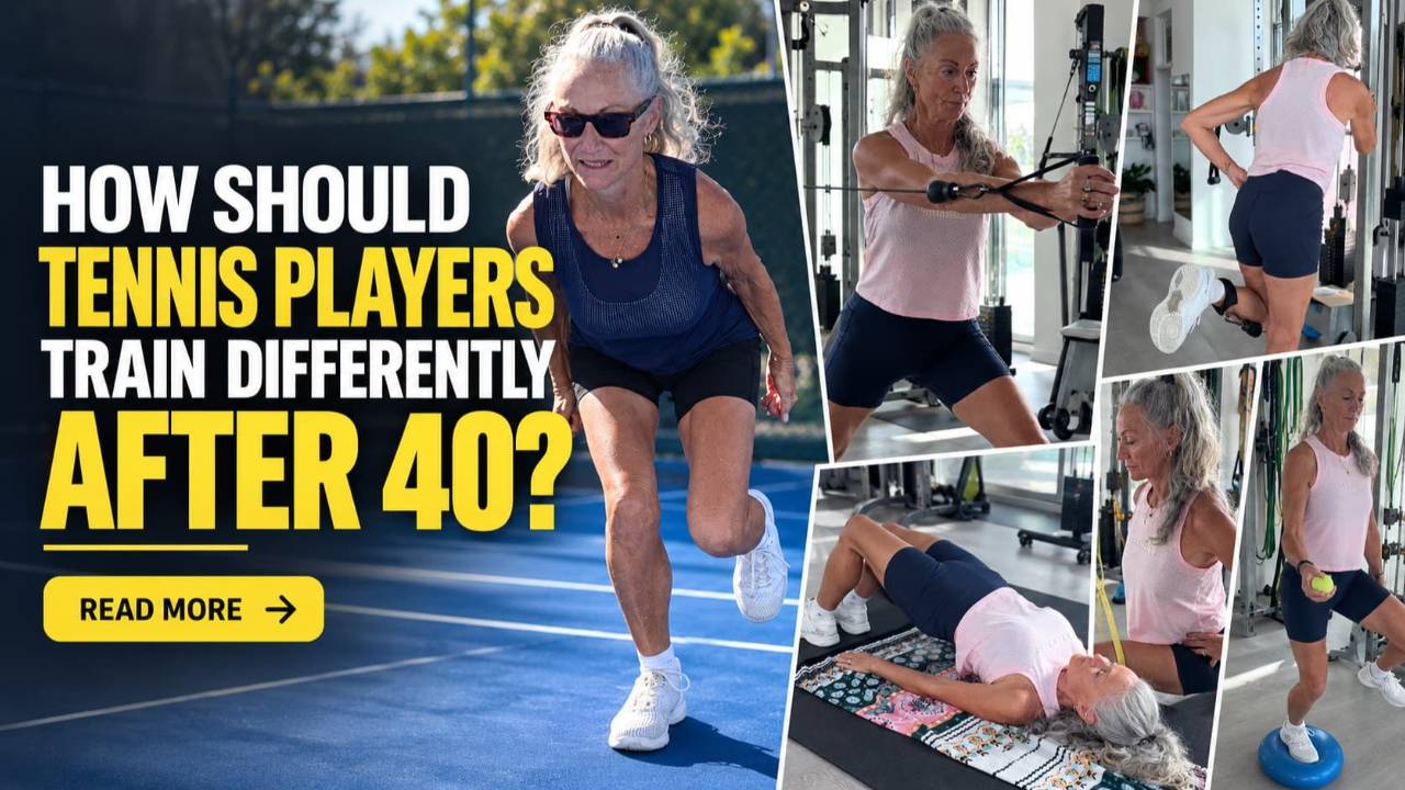 Woman over 40 performing tennis-specific strength, mobility and balance exercises for improved tennis fitness