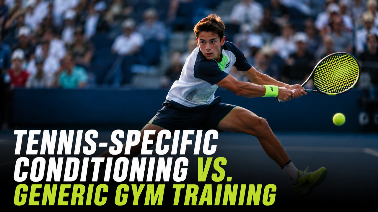 Tennis player performing an explosive lateral court movement, illustrating tennis-specific conditioning versus generic gym training