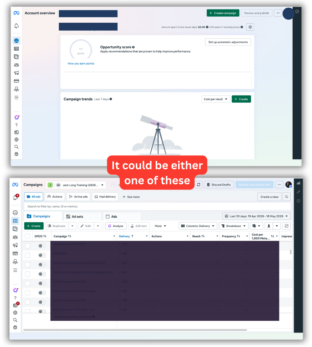 Ads Manager dashboard showing an account already exists