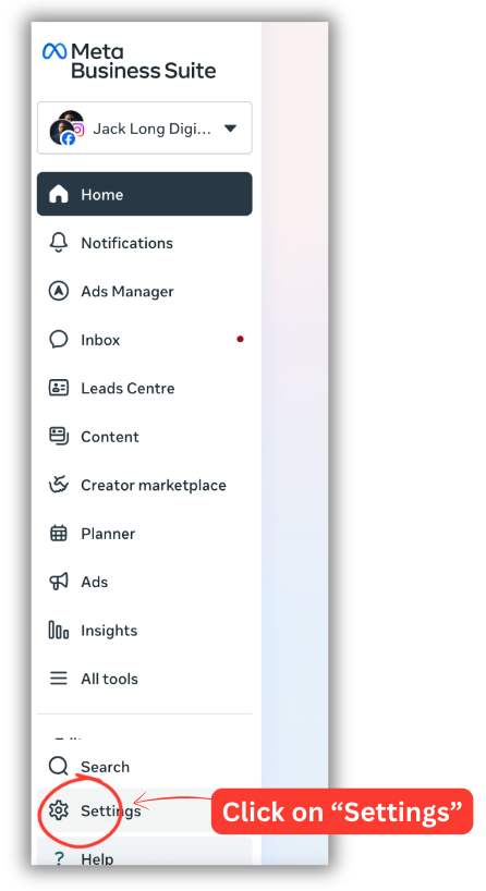 Settings button highlighted in the bottom left of Business Suite
