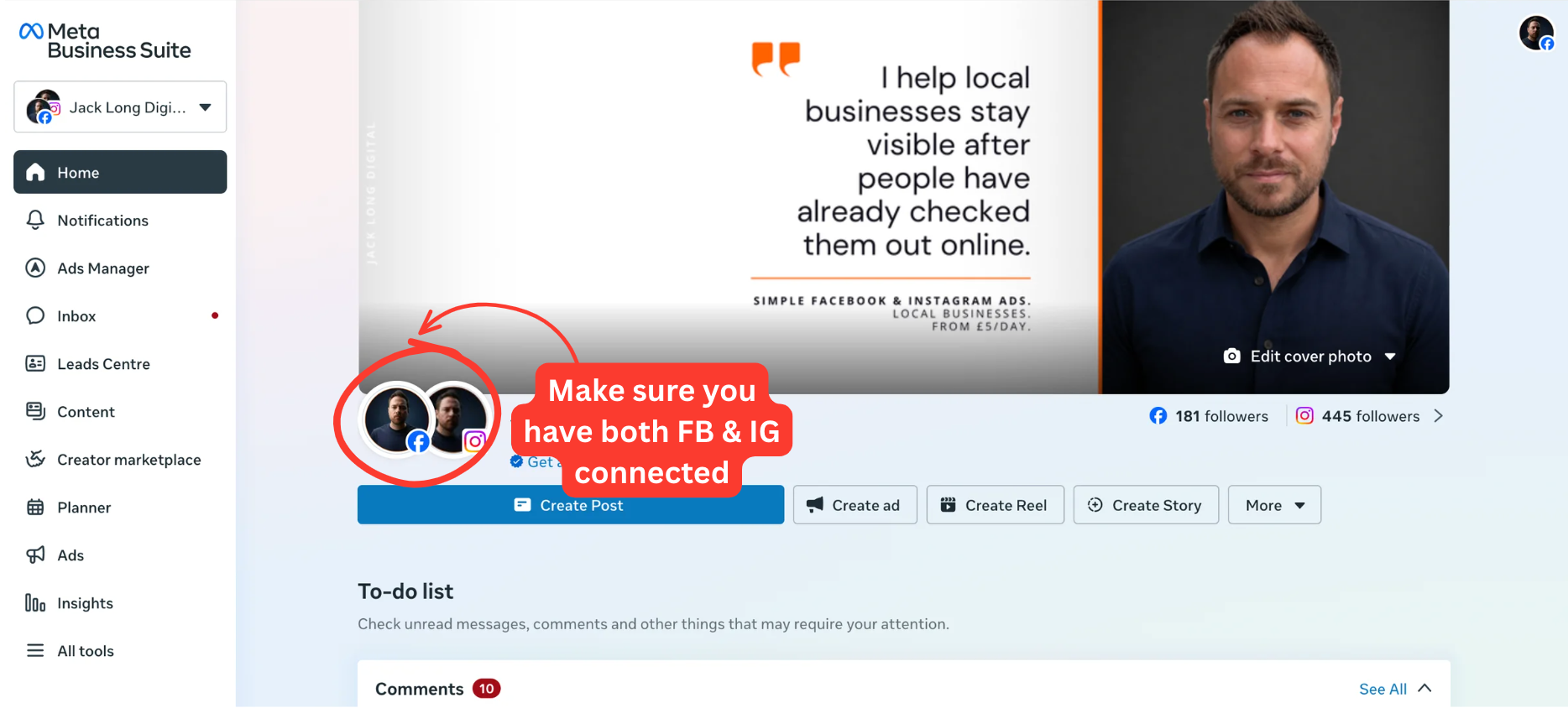 Business Suite dashboard with Facebook and Instagram connected