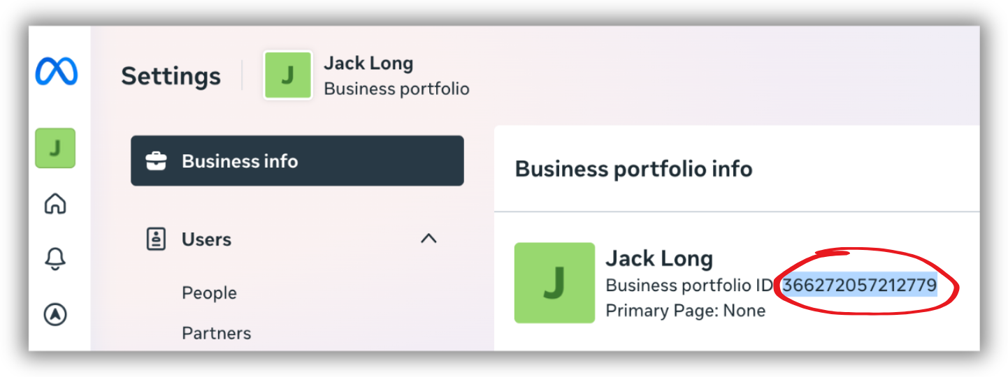 Business portfolio info screen showing where to find the Business portfolio ID