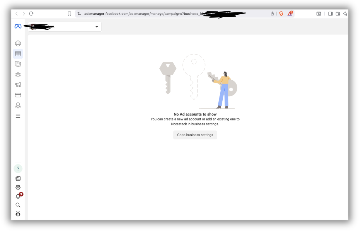 Blank Ads Manager page with no account yet
