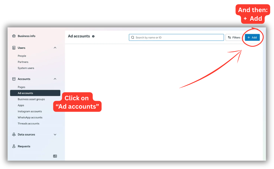 Plus Add button and dropdown showing Create a new ad account