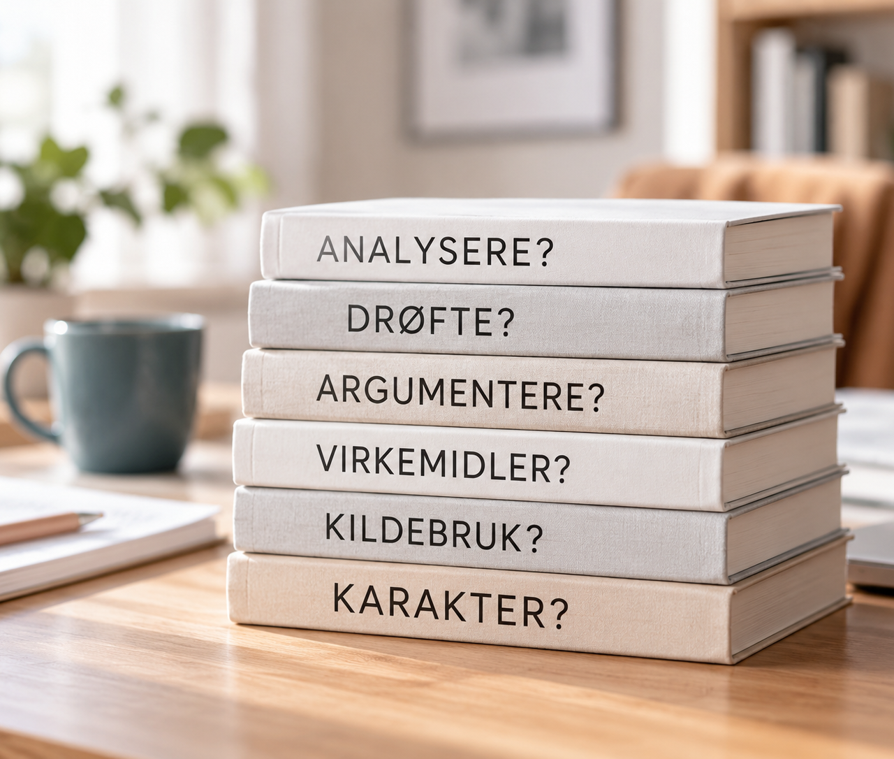 Stabel med bøker merket Analysere, Drøfte, Argumentere, Virkemidler, Kildebruk, Karakter