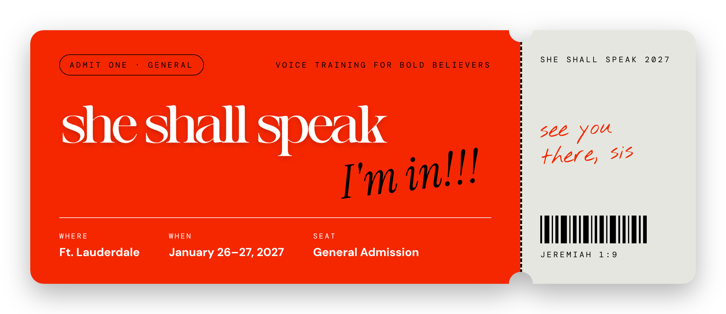 She Shall Speak 2027 General Admission ticket. Ft. Lauderdale, January 26 to 27, 2027.