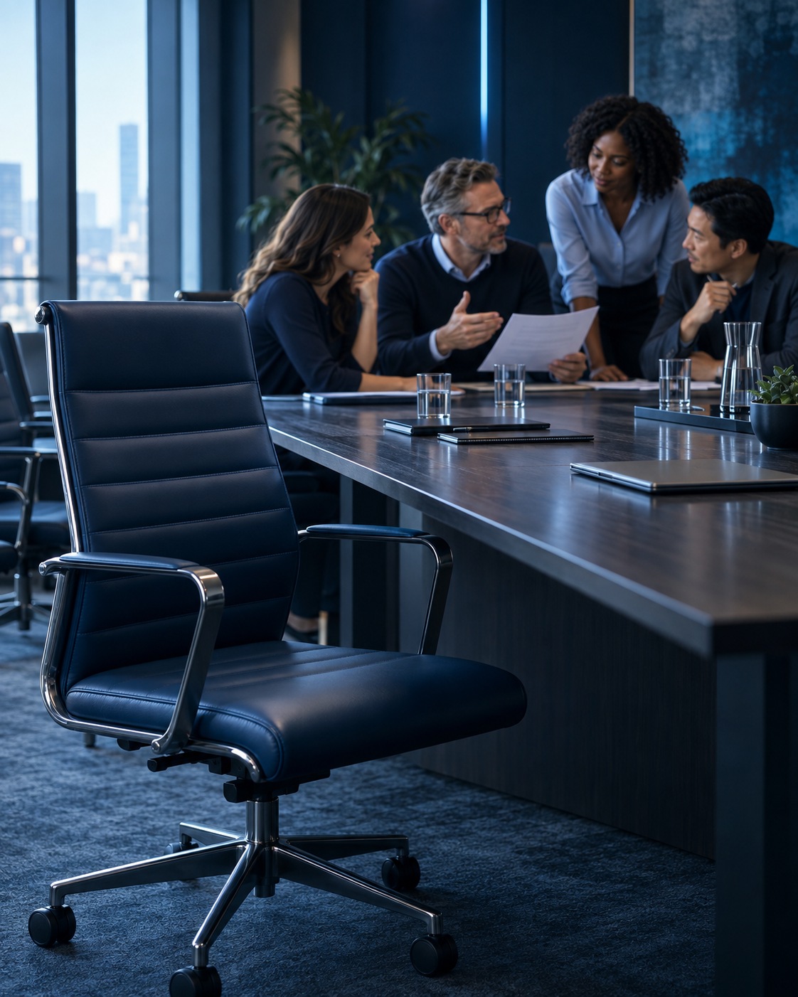 An empty leadership chair in the foreground while a team continues working together around the boardroom table.