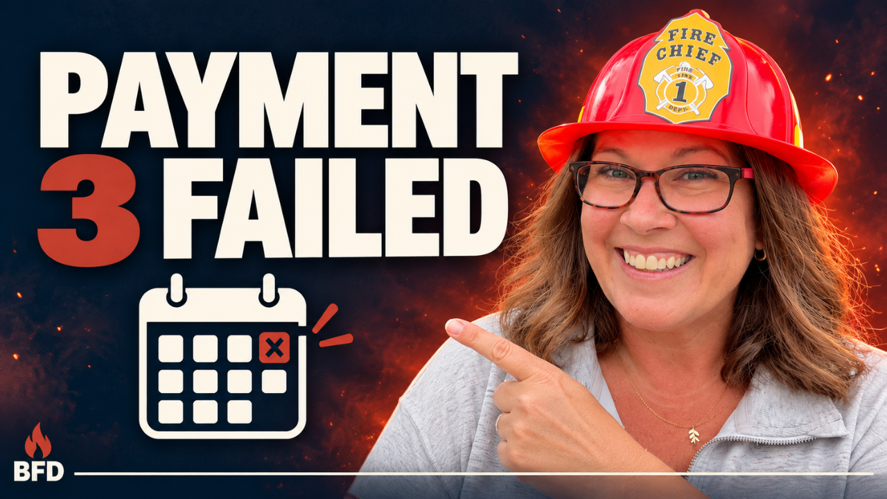 Smiling attorney Tamsen Horton in a red "Fire Chief" helmet and glasses points toward a calendar with one missed payment marked with an X, against a dark navy background with glowing embers. Bold text reads "Payment 3 Failed": what to do when an installment plan payment fails.