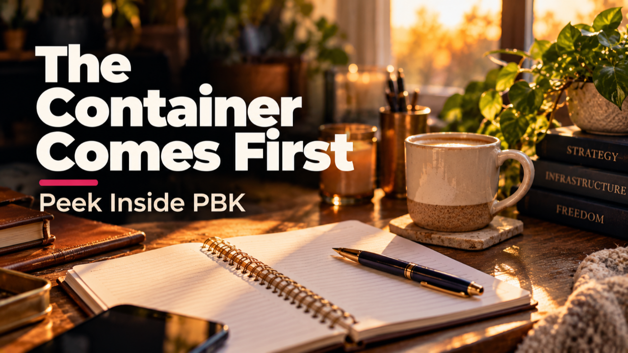 A desk scene with a notebook, pen, and coffee mug in warm window light, with bold text reading “The Container Comes First / Peek Inside PBK.”