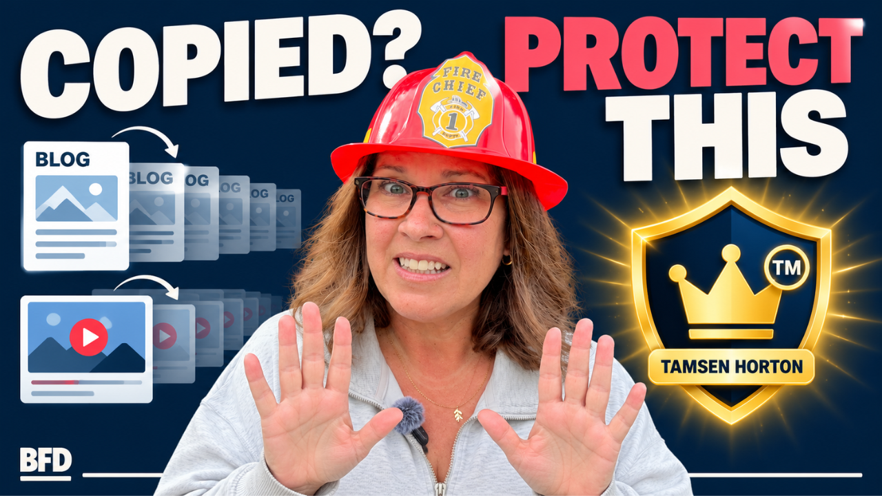 Attorney Tamsen Horton in a red "Fire Chief" helmet and tortoiseshell glasses holds both hands up in a "stop" gesture with a wide-eyed grimace against a dark navy background. On the left, a blog post and a video thumbnail each repeat into a fading row of copies. On the right, a glowing gold shield with a crown and a "Tamsen Horton" nameplate. Bold cream and coral text across the top reads "Stop Chasing Copycats."