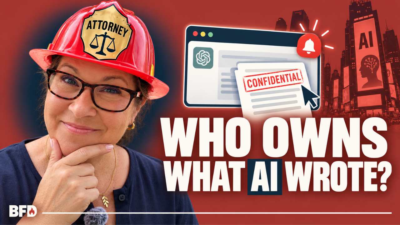 Attorney Tamsen Horton in a red "Fire Chief" helmet looks directly at the camera with a raised eyebrow on a brand-red background, next to a chat window with a confidential page and a small alarm-bell spark. Bold cream text reads "Who Owns What AI Wrote?", a thumbnail about who owns AI-generated content for your business.