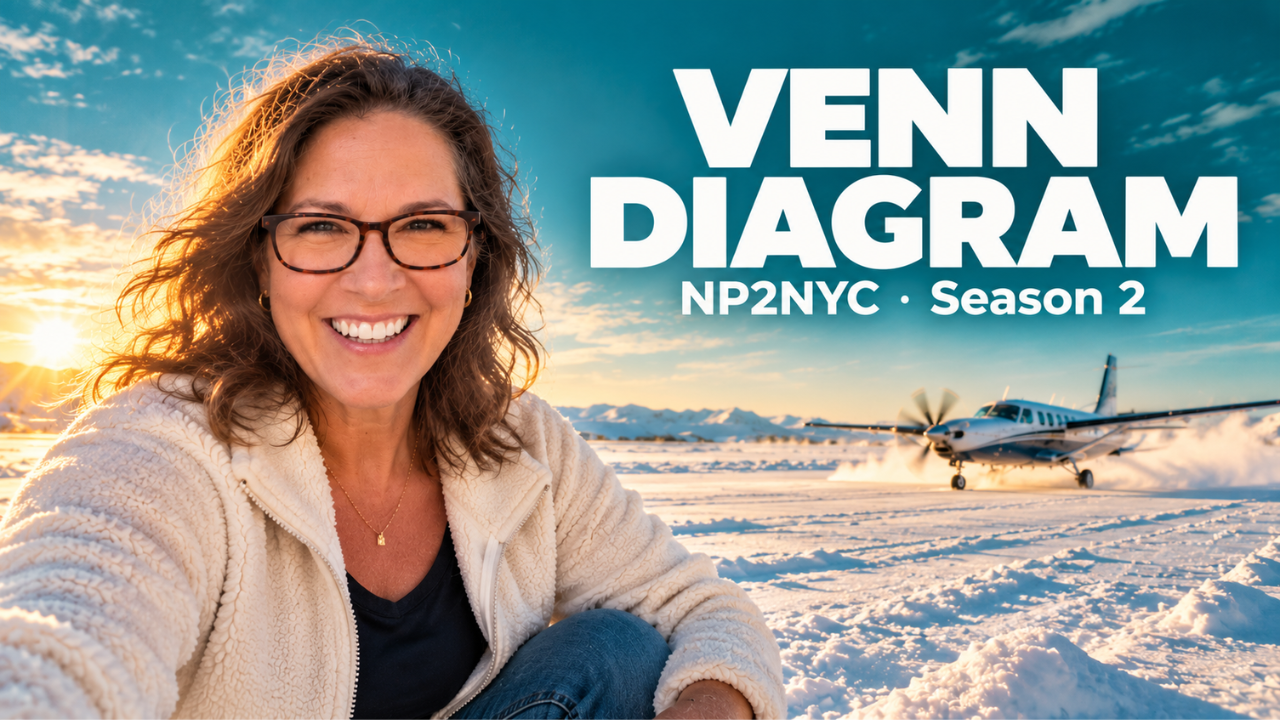Tamsen stands casually at the edge of an arctic tundra, a small plane taxiing behind her under a teal sky. Text overlay reads "Venn Diagram — NP2NYC · Season 2."