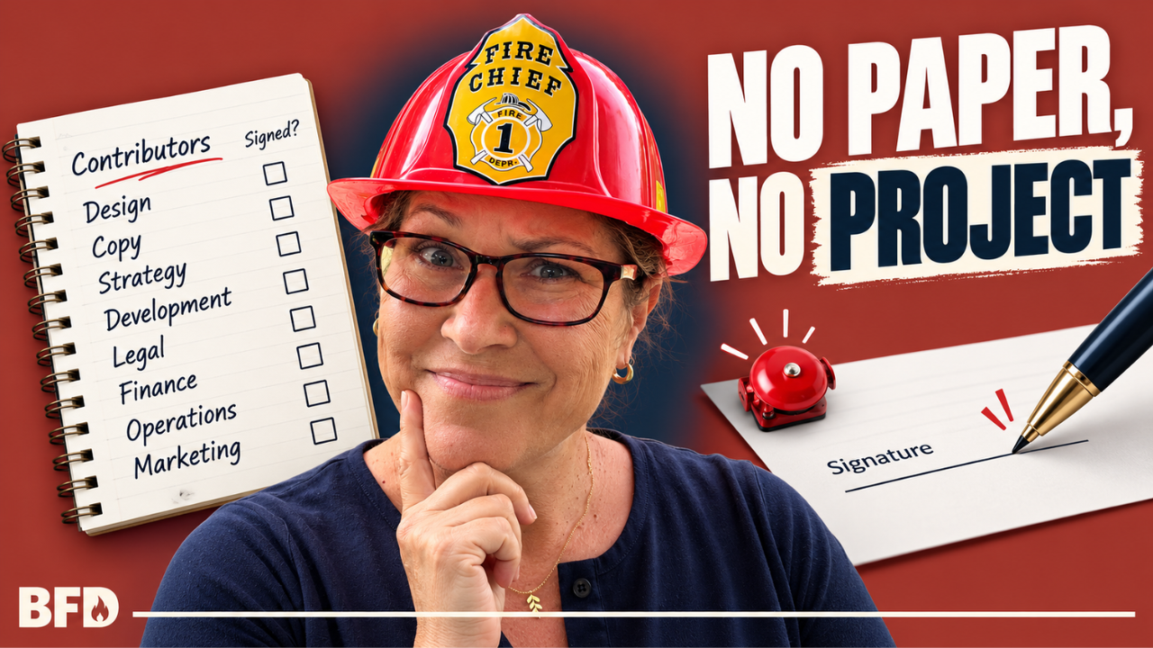 Attorney Tamsen Horton in a red "Fire Chief" helmet looks directly at the camera with a raised eyebrow on a brand-red background, between a handwritten contributor list and a pen hovering over a signature line with a small red alarm bell. Bold cream text reads "No Paper, No Project," a reminder to get a signed agreement before a contractor or collaborator starts work.