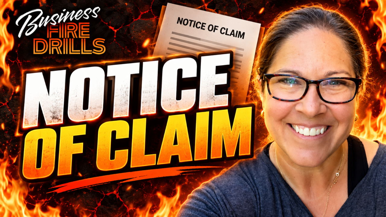 Tamsen Horton on a fire-themed background with bold text 'NOTICE OF CLAIM' — Business Fire Drills.