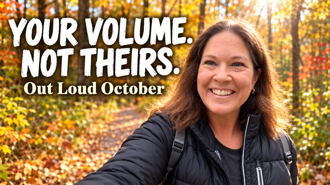 Tamsen Horton walking on a wooded trail in a black puffer jacket, smiling with energy, fall leaves behind her, text overlay reading 'Your Volume. Not Theirs.'