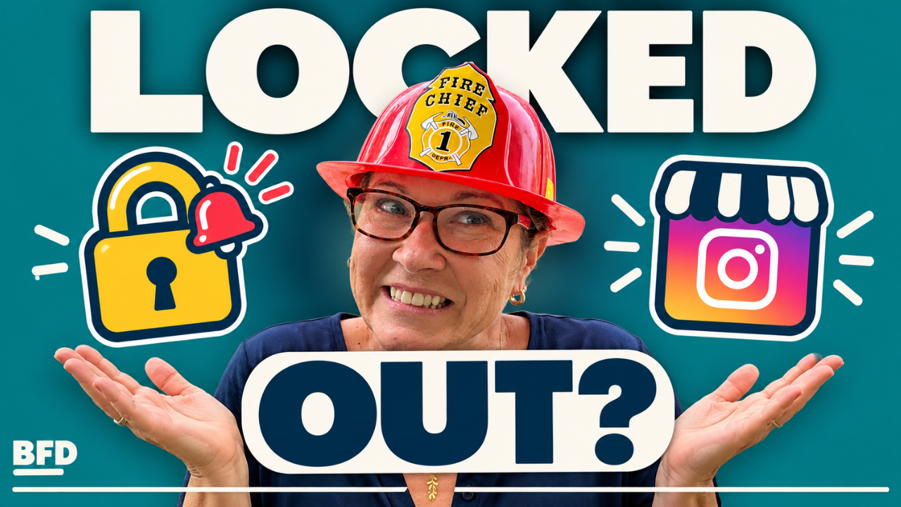 Attorney Tamsen Horton in a red "Fire Chief" helmet and tortoiseshell glasses grins nervously with her palms up in a shrug, centered on a teal background. A yellow padlock with a red alarm bell sits on the left and an Instagram storefront icon on the right. Large cream and navy text reads "Locked Out?": losing access to the place where you sell.