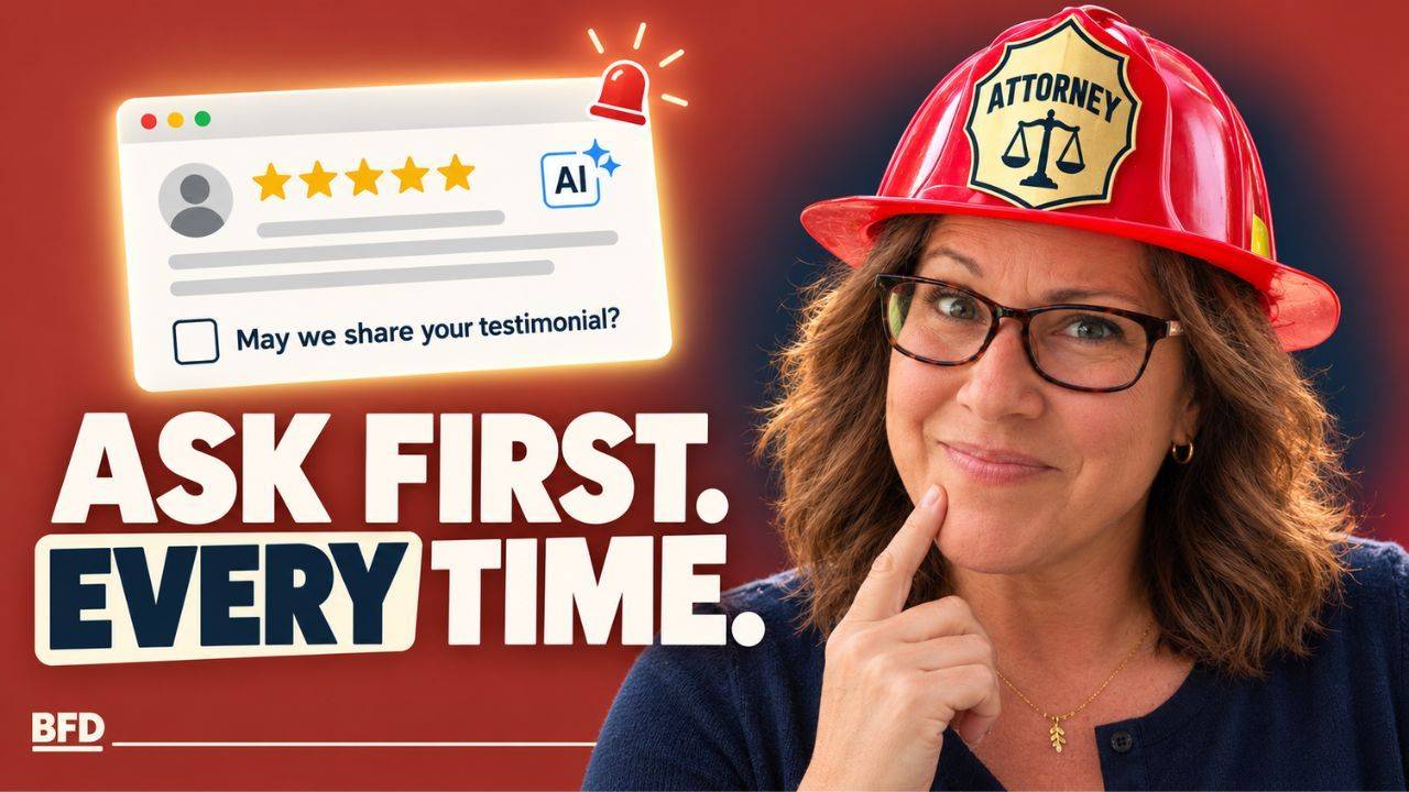 Attorney Tamsen Horton in a red "Fire Chief" helmet looks directly at the camera with a raised eyebrow on a brand-red background, next to a glowing customer testimonial card with an unchecked permission box. Bold cream text reads "Ask First. Every Time," a reminder to get written permission before using a customer testimonial or user-generated content, including with AI.