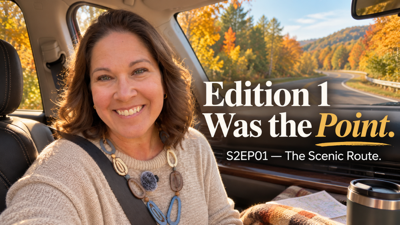 Tamsen Horton in a car, autumn light, with the text 'Edition 1 Was the Point' — Season 2, Episode 1 of The Scenic Route podcast.