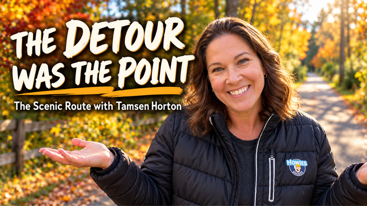 Tamsen laughing outdoors on a fall morning, arms wide, with text overlay reading "The Detour Was the Point" against warm foliage.