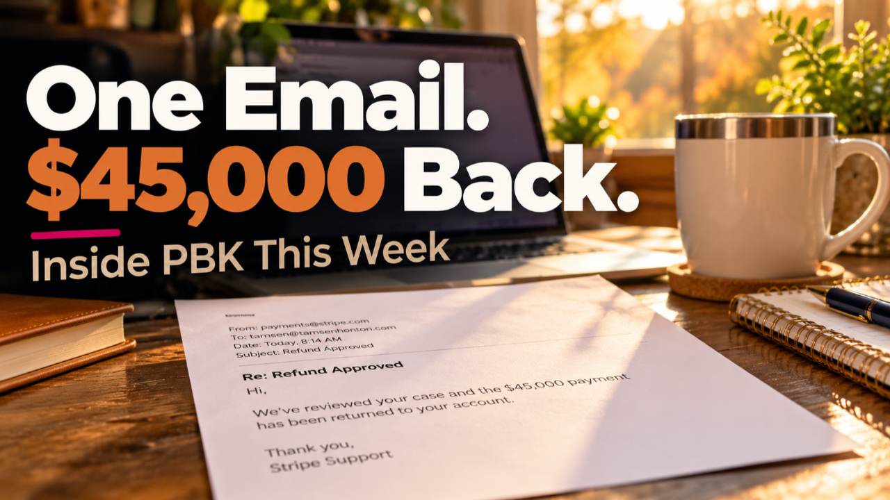 A printed email rests face-up on a warm wood desk with a soft-focus laptop in the background. Amber and cream tones. Text overlay reads: "One Email. $45,000 Back." with the subline "Inside PBK."