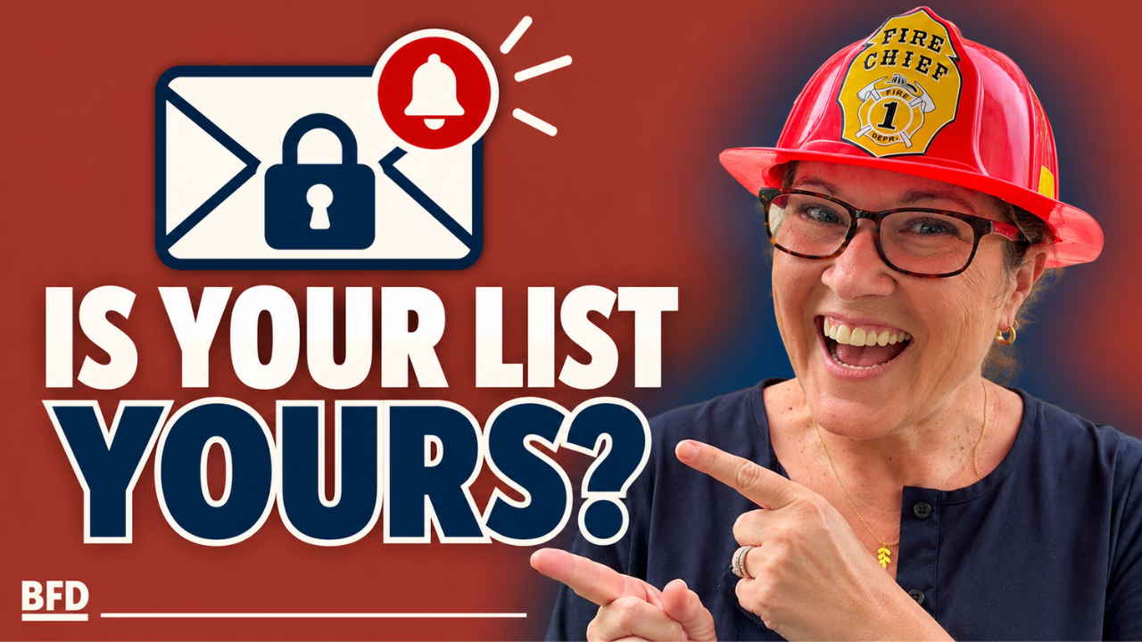 Smiling attorney Tamsen Horton in a red "Fire Chief" helmet and tortoiseshell glasses points toward large text on a deep red background. On the left, a cream envelope with a navy padlock and a red alarm bell. Bold cream and navy text reads "Is Your List Yours?": protecting your email list before you lose access.