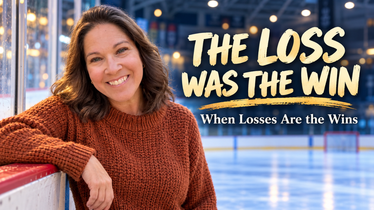 Tamsen Horton standing at the boards of a hockey rink, smiling knowingly, with text overlay reading "The Loss Was the Win."