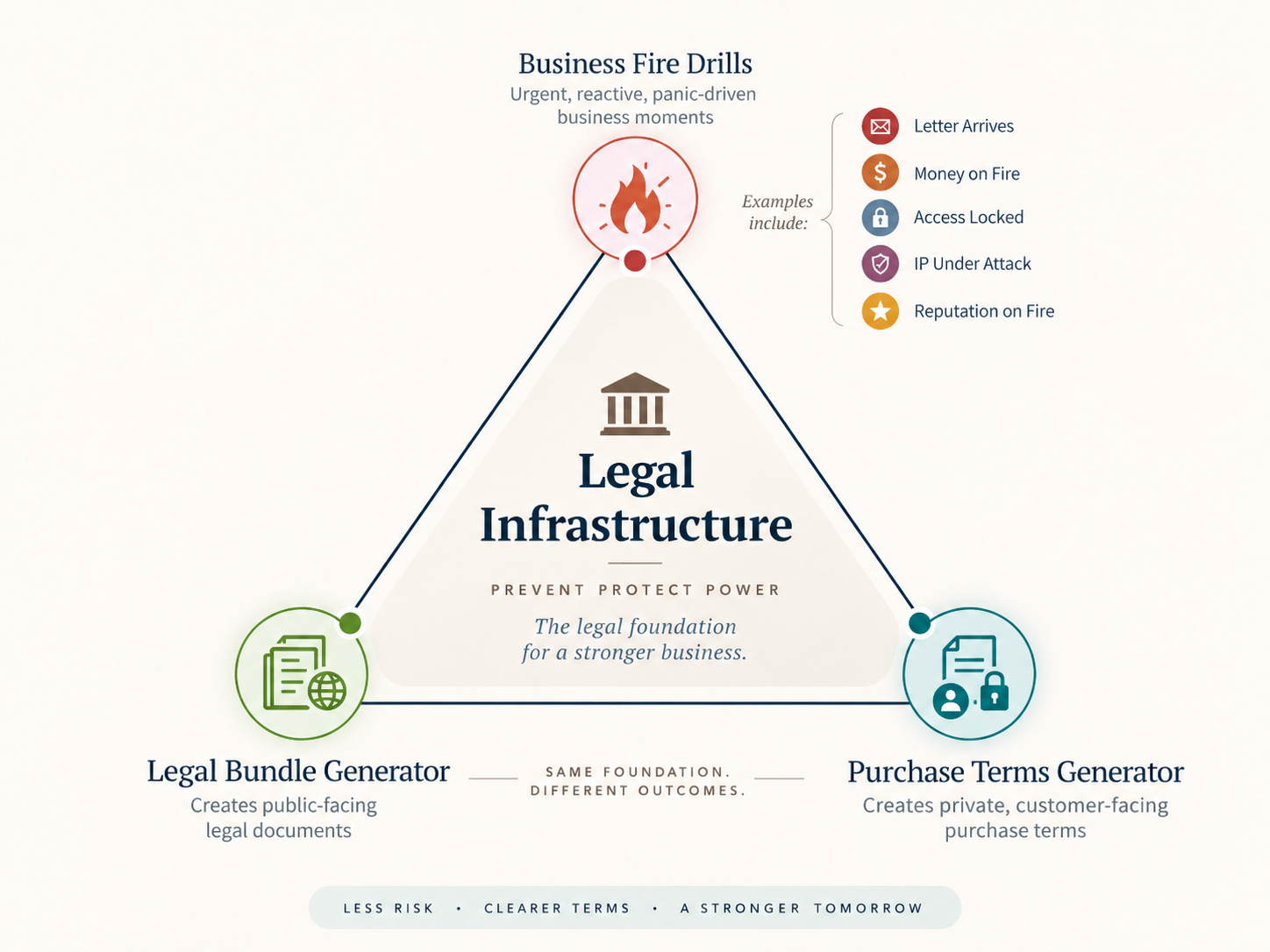 Triangle diagram titled 'Legal Infrastructure' with the tagline 'Prevent, Protect, Power.' Business Fire Drills sits at the top point, described as urgent, reactive, panic-driven moments, with six example categories: Letter Arrives, Money on Fire, Access Locked, IP Under Attack, and Reputation on Fire. Legal Bundle Generator sits at the bottom-left point, creating public-facing legal documents. Purchase Terms Generator sits at the bottom-right point, creating private, customer-facing purchase terms. Caption reads: 'Same foundation. Different outcomes.