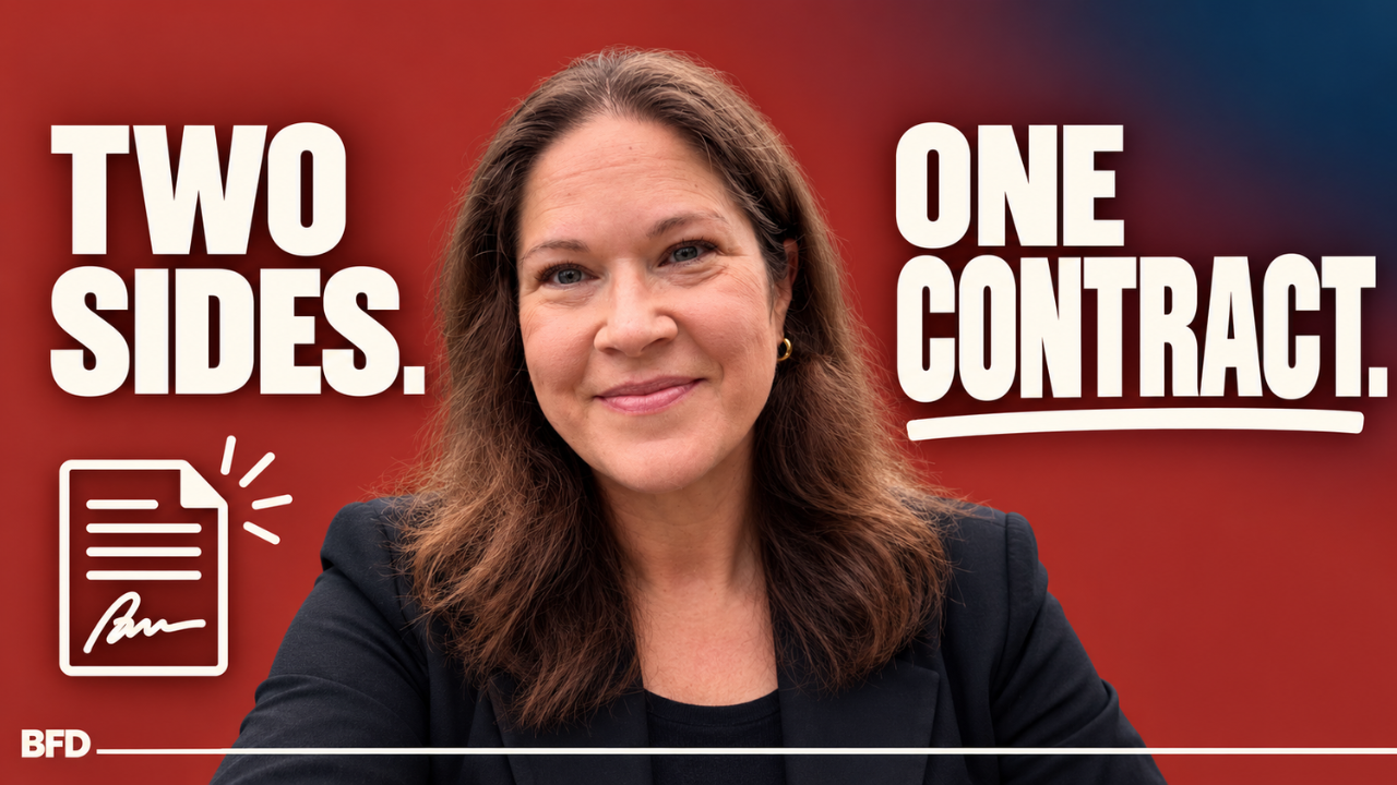 Attorney Tamsen Horton against a navy background with a red and orange ember glow, beside bold text reading "Two Sides. One Contract." and a small signed-agreement icon with a spark, for a video on a high-ticket client agreement going sideways.