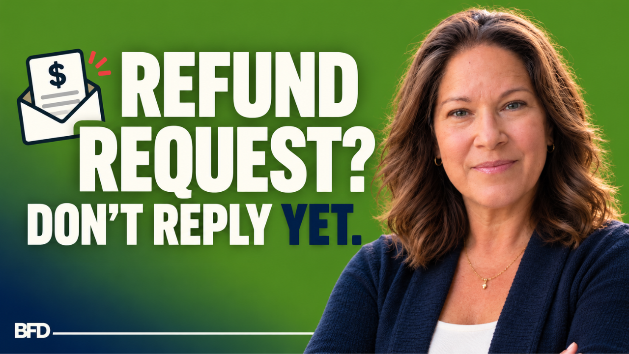 Attorney Tamsen Horton on the right of a green background with a navy glow, with bold text reading "Refund Request? Don't Reply Yet." and a small envelope icon with an alarm spark, for a video on responding to a refund request without escalating to a chargeback or legal threat.