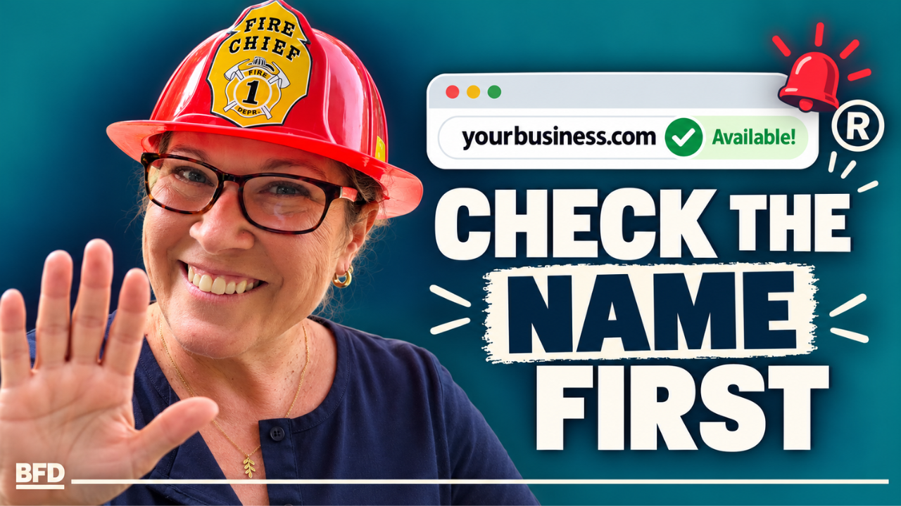 Attorney Tamsen Horton in a red "Fire Chief" helmet raises one hand in a "stop" gesture on a teal background. On the right, a website address bar with a green "available" check mark and a small red alarm bell. Bold cream text reads "Check the Name First," a reminder to run a trademark and business name search before you build your brand.