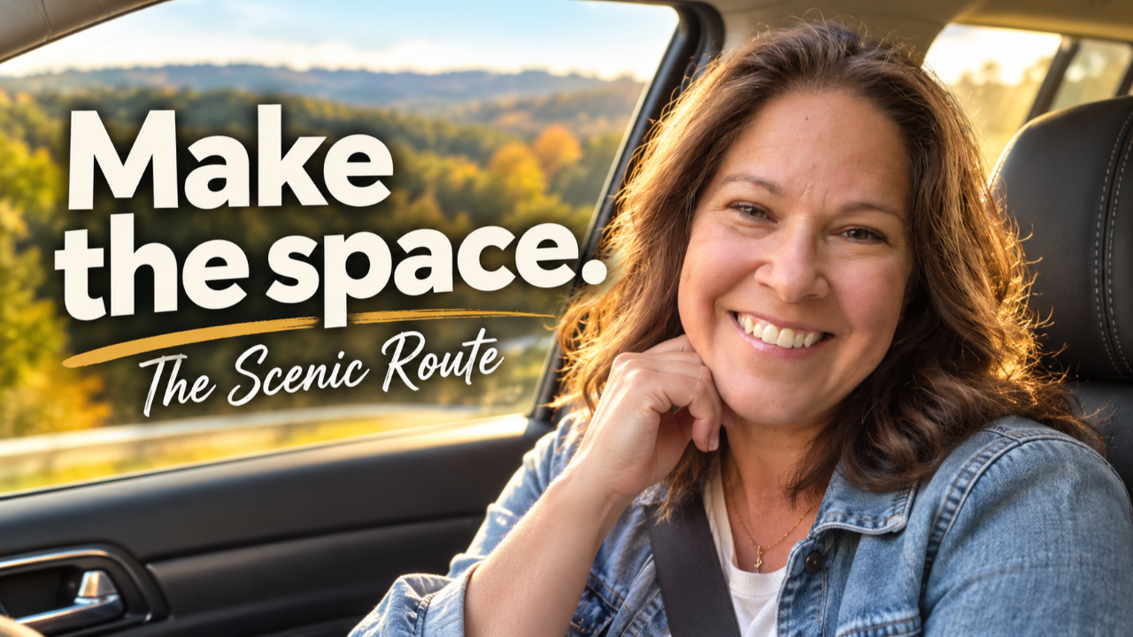 Tamsen Horton in the passenger seat of a car, smiling like she just had an idea, with the text "Make the space." overlaid in bold.