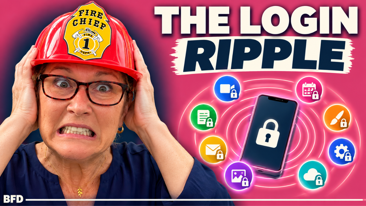 Alarmed attorney Tamsen Horton in a red "Fire Chief" helmet and tortoiseshell glasses presses her hands to her head with a wide-eyed grimace against a hot pink background. On the right, a smartphone with a padlock is surrounded by ripple rings and app icons, each with a small lock. Bold cream and navy text reads "The Login Ripple": how losing one social media login can lock you out of other tools.