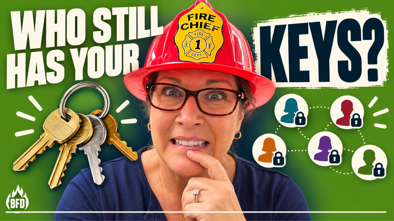 Alarmed attorney Tamsen Horton in a red "Fire Chief" helmet and tortoiseshell glasses looks wide-eyed with a worried grimace, one finger at her chin, against a green background. On the left, a ring of keys; on the right, five colored people icons, each with a small padlock, linked by dotted lines. Bold cream and navy text reads "Who still has your keys?"