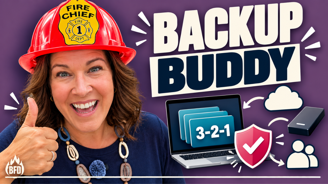 Smiling attorney Tamsen Horton in a red "Fire Chief" helmet gives a bright thumbs-up against a purple background. On the right, a laptop screen shows stacked windows labeled "3-2-1," with arrows to a cloud, an external hard drive, a red shield with a checkmark, and a two-person icon. Bold cream and navy text reads "Backup Buddy."