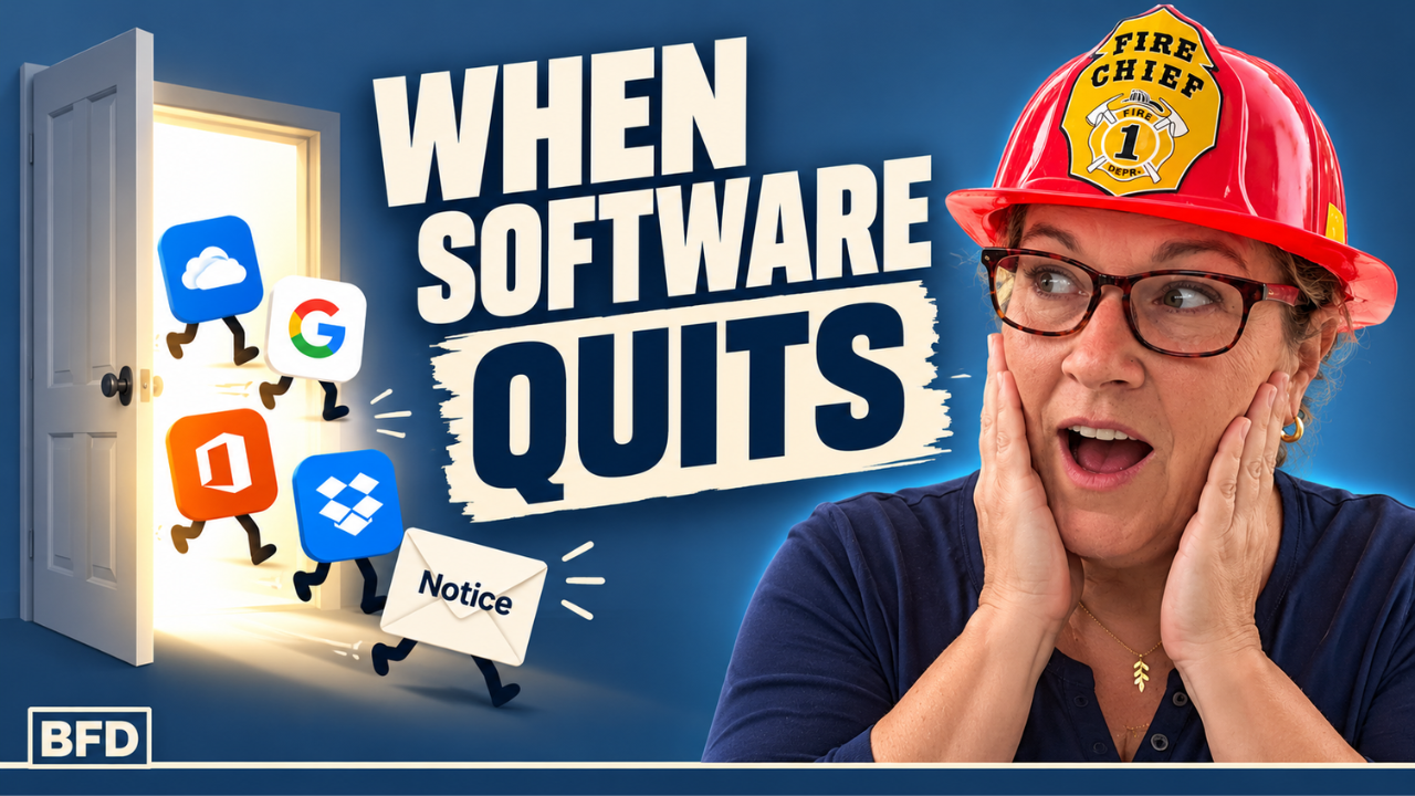 Alarmed attorney Tamsen Horton in a red "Fire Chief" helmet and tortoiseshell glasses presses her hands to her cheeks with a wide-eyed look, glancing sideways, against a deep blue background. On the left, a glowing open door with cartoon app icons on little legs (a cloud, a Google "G", an orange office app, and Dropbox) running out, followed by an envelope labeled "Notice." Bold cream and navy text reads "When Software Quits."