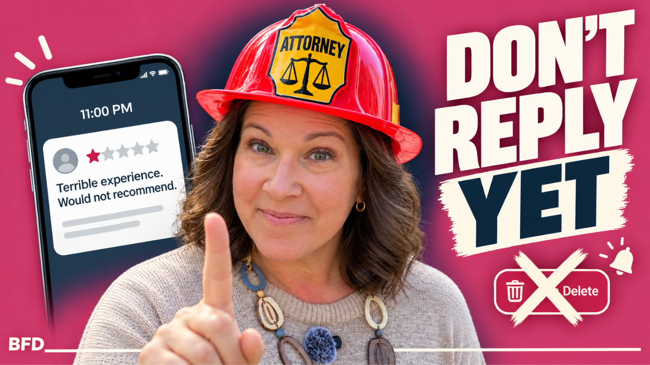 Attorney Tamsen Horton in a red helmet with an "Attorney" badge and scales of justice emblem looks directly at the camera with a raised eyebrow in the center of a brand-pink thumbnail, between a phone showing a one-star review notification at 11 PM and a crossed-out delete button. Bold cream text reads "Don't Reply Yet," a thumbnail about what to do before responding to a client's public complaint.