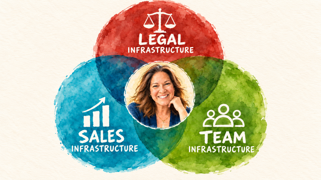 Venn diagram of three overlapping circles — red "Legal Infrastructure" with a scales-of-justice icon, turquoise "Sales Infrastructure" with a rising bar-chart icon, and green "Team Infrastructure" with a people icon — all three overlapping at the center, where a circular family photo sits, representing Tamsen at the intersection of all three.