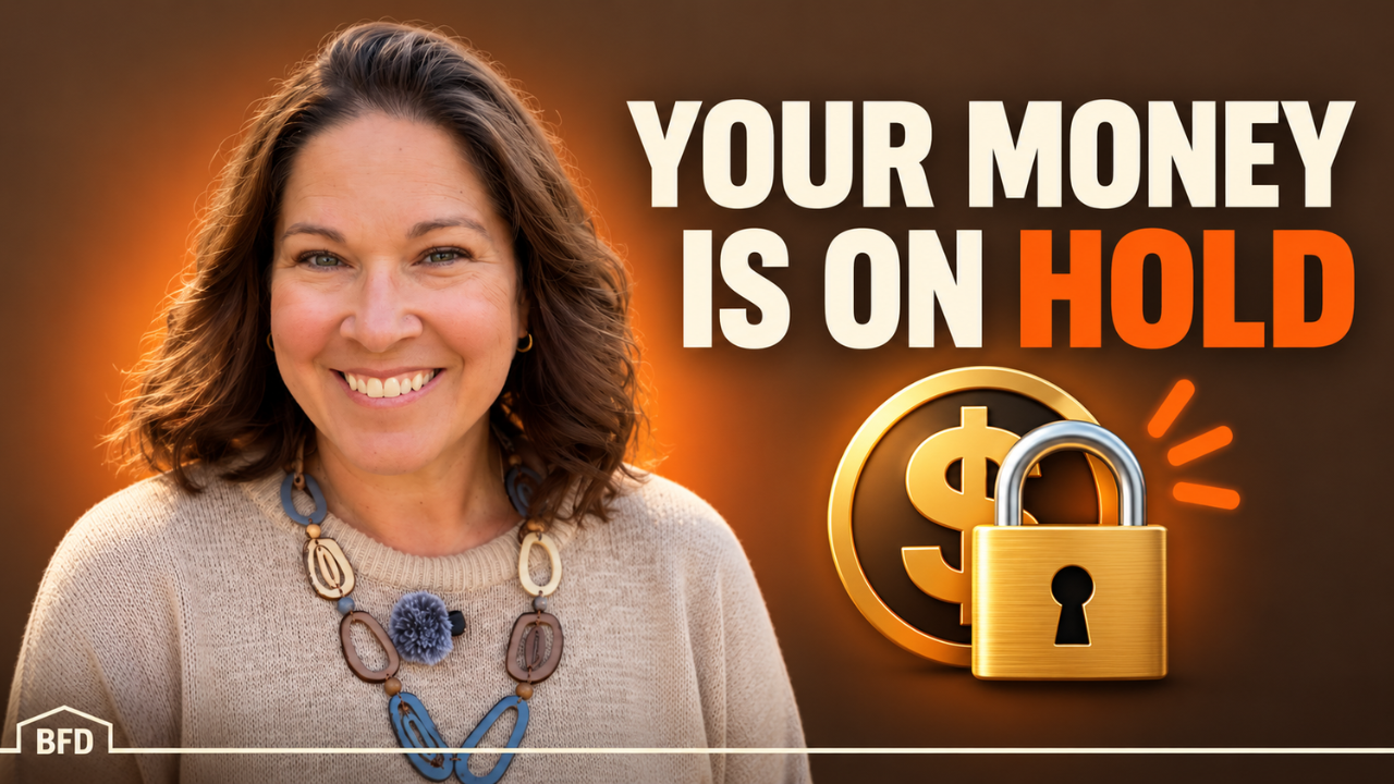 Smiling attorney Tamsen Horton in a beige sweater and beaded necklace, glowing orange against a dark brown background, beside a gold padlock over a dollar coin. Bold text reads "Your Money Is On Hold": what to do when Stripe or PayPal holds your funds.