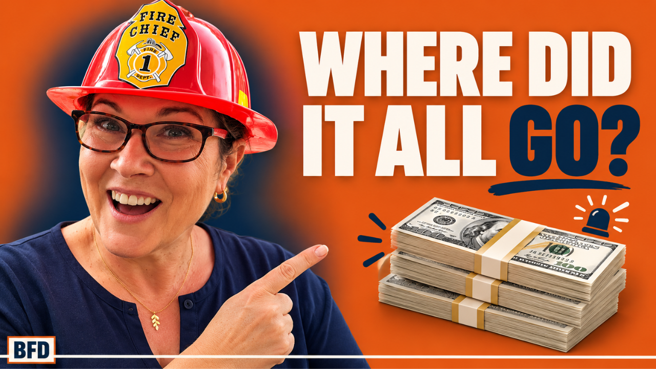 Smiling attorney Tamsen Horton in a red “Fire Chief” helmet and tortoiseshell glasses points toward three stacks of $100 bills with a small alarm light beside them, against an orange background. Bold cream and navy text reads “Where did it all go?”: what happens to launch revenue after refunds, affiliate payouts, and taxes.