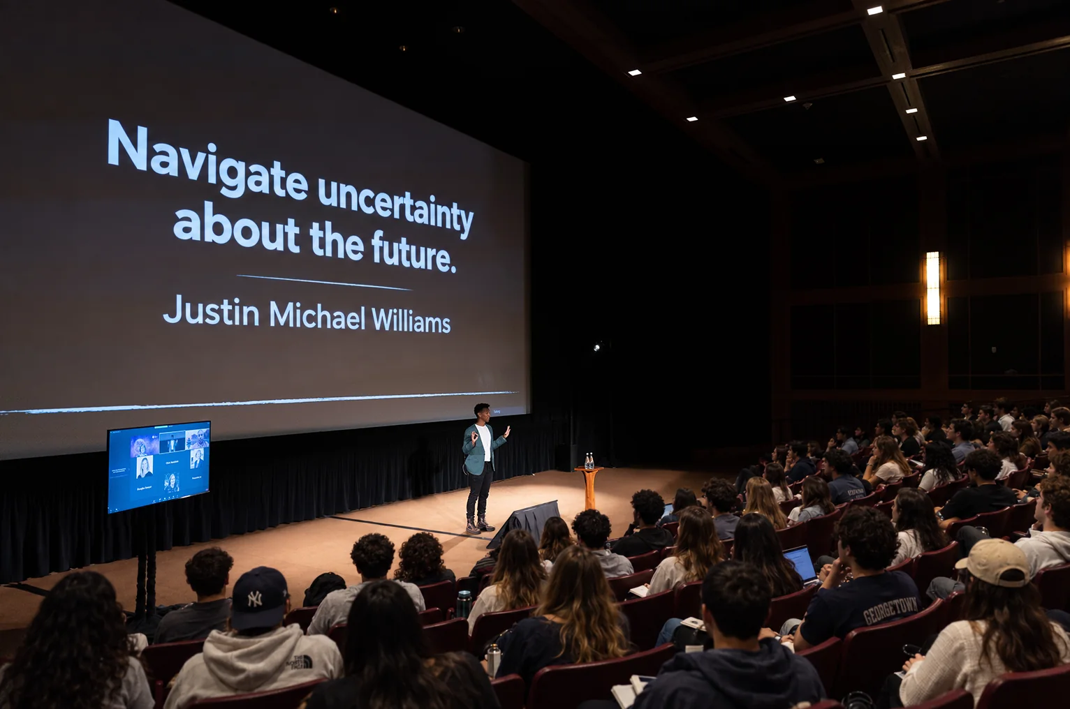 Justin Michael Williams speaking with students in a university auditorium