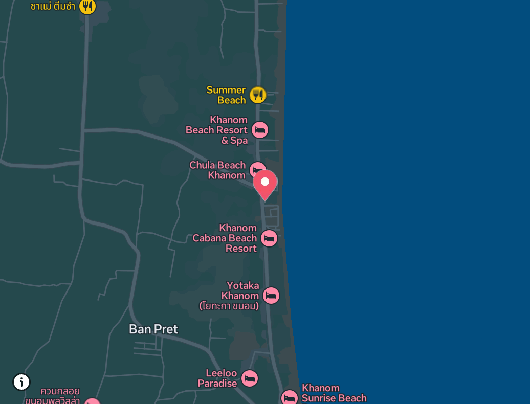 Map of Khanom Bay showing the coastline, nearby resorts, and retreat location