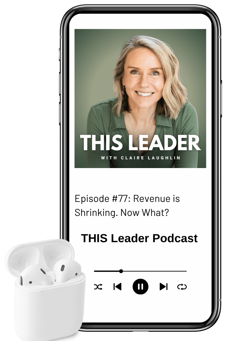 Mock up of podcast episode on phone with air pods Episode #77 "Revenue is Shrinking. Now What?" with Podcast cover art