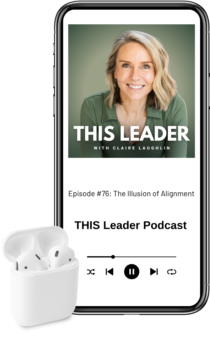 Mock up of podcast episode on phone with air pods Episode #76 "The Illusion of Alignment" with Podcast cover art