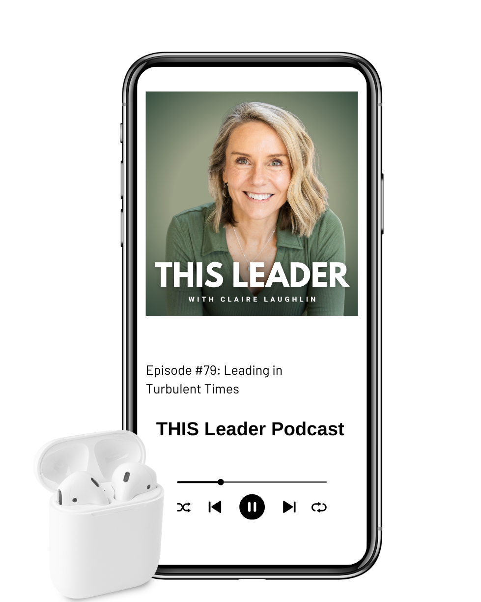 Mock up of podcast episode on phone with air pods Episode #79 "The Highs and Lows of Leadership" with Podcast cover art