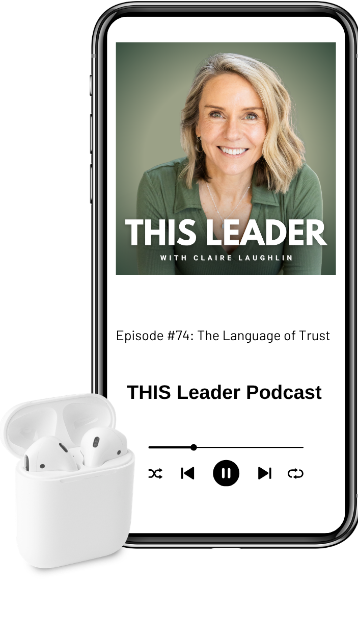 Mock up of podcast episode on phone with air pods Episode #74 "The Language of Trust" with Podcast cover art