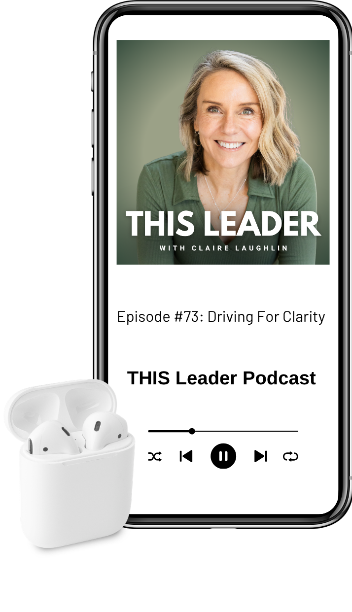 Mock up of podcast episode on phone with air pods Episode #73 "Driving For Clarity" with Podcast cover art