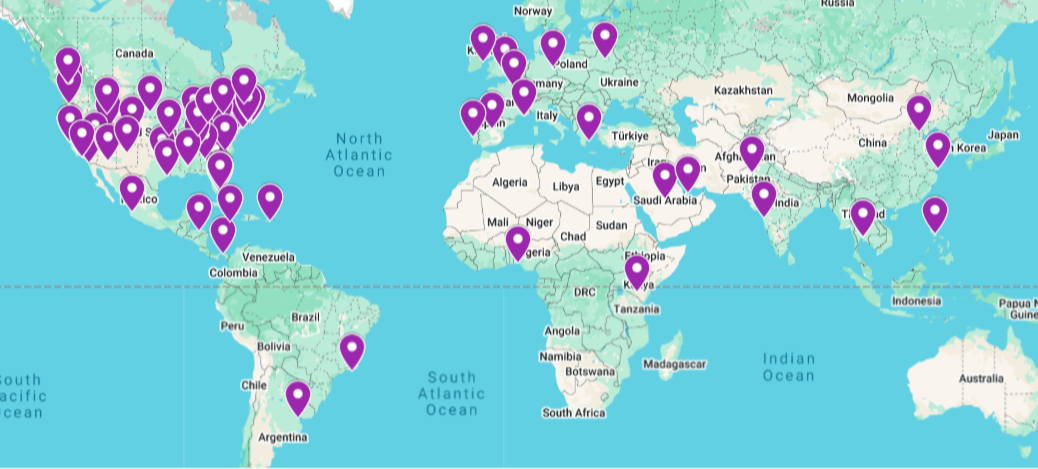 Map of the world with markers indicating where all the students that participate in the investing programs are from.