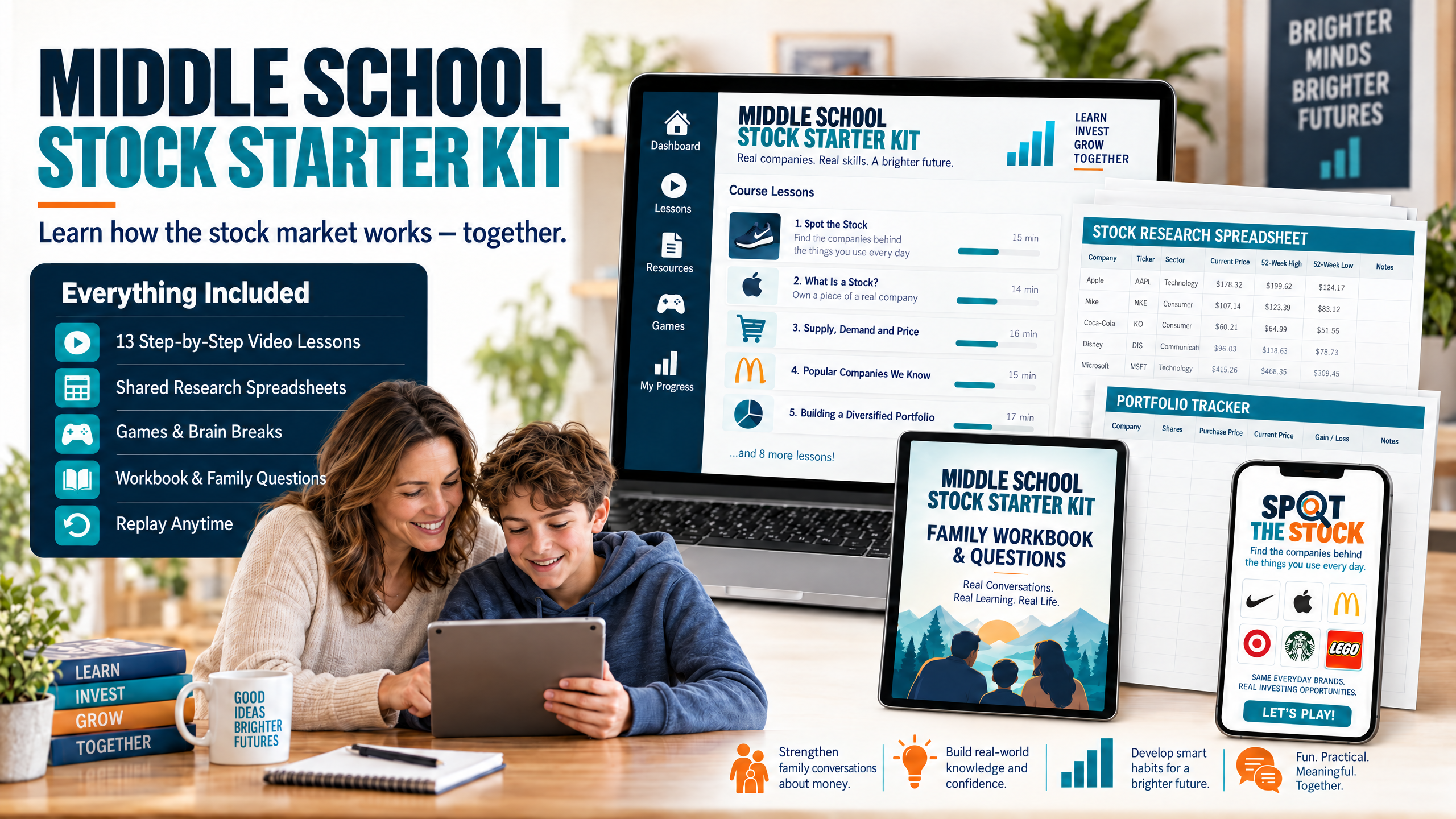 The Middle School Stock Starter Kit: video lessons, research spreadsheets, family workbook, and the Spot the Stock game shown on laptop, tablet, and phone